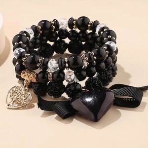 Black Bead Bracelets Set